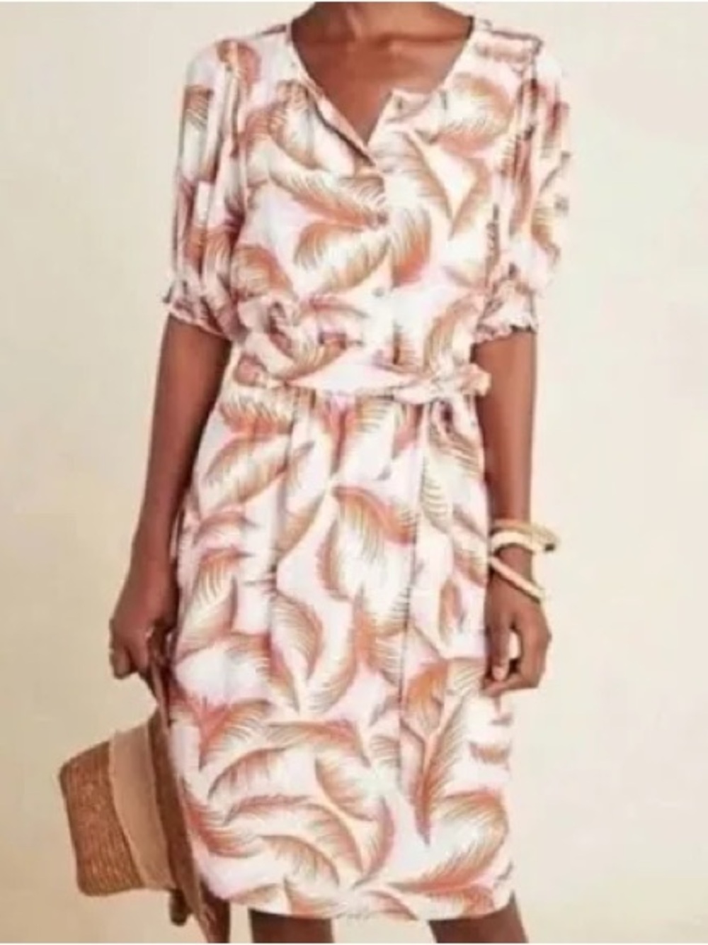 Anthropologie NicoleTropical Feather Print elastic Waist Dress pink/brown w/slip